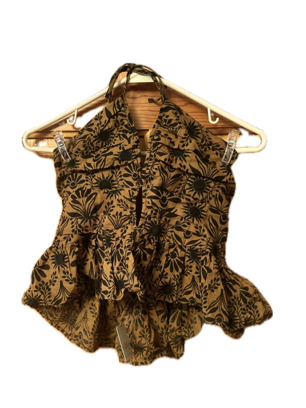 Free People Halter Peplum Top in Tan with Black Floral Print